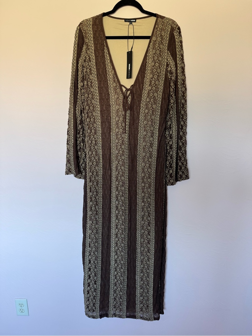 Brown Lace-Stripe Maxi Dress